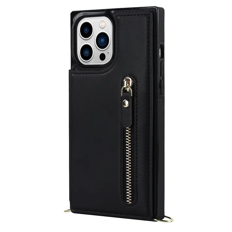 For iPhone 14 Pro PU Leather Coated TPU Kickstand Phone Case Zipper Pocket Magnetic Button Card Slots Protective Cover with Shoulder Strap - Black