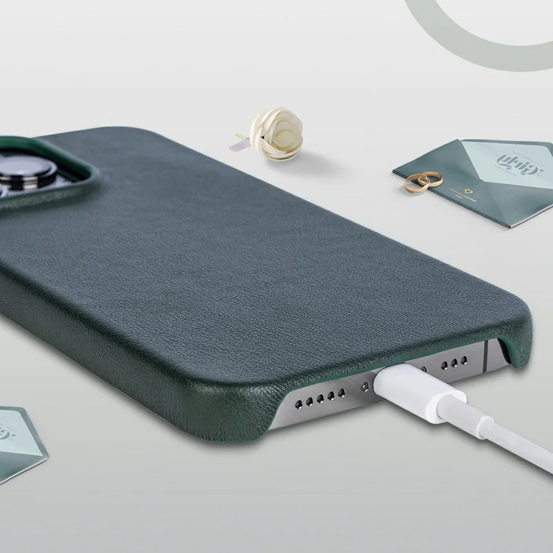 iPhone 16 Pro Hülle Nappa-Textur Echtes Kuhledermit PC Handyhülle - Dunkelgrün