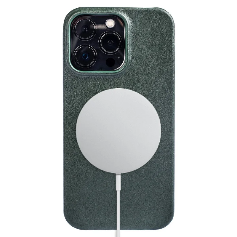 Étui iPhone 16 Pro Compatible avec MagSafe Texture Nappa Cuir Véritable de Vache + Coque Téléphone en PC - Vert Foncé