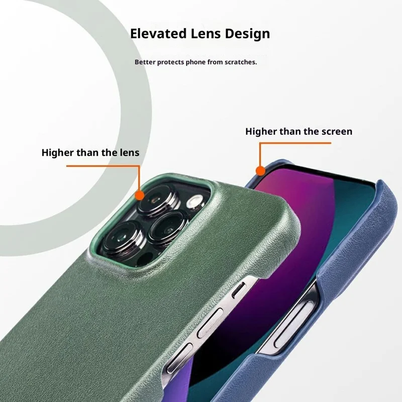 Étui iPhone 16 Pro Compatible avec MagSafe Texture Nappa Cuir Véritable de Vache + Coque Téléphone en PC - Vert Foncé