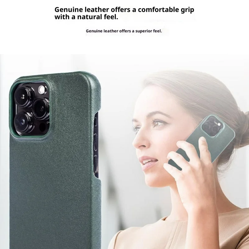 Étui iPhone 16 Pro Compatible avec MagSafe Texture Nappa Cuir Véritable de Vache + Coque Téléphone en PC - Vert Foncé