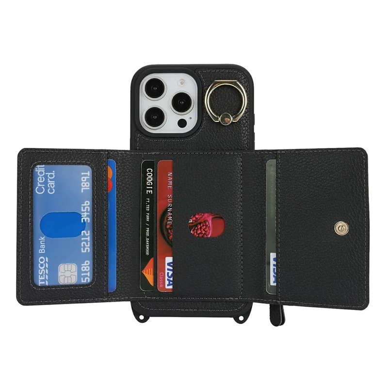 iPhone 16 Pro Max Hülle Kartenfach Ringhalter Litchi-Textur Leder + TPU Handyhülle mit langem Gurt - Schwarz