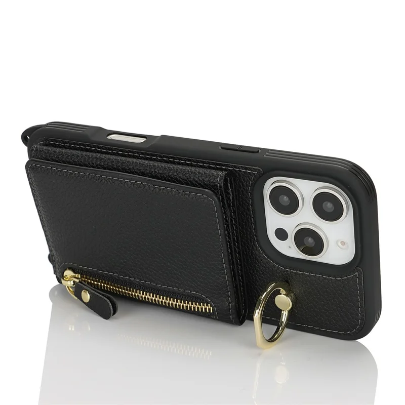 iPhone 16 Pro Max Hülle Kartenfach Ringhalter Litchi-Textur Leder + TPU Handyhülle mit langem Gurt - Schwarz