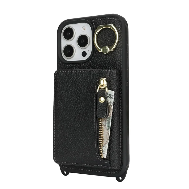 iPhone 16 Pro Max Hülle Kartenfach Ringhalter Litchi-Textur Leder + TPU Handyhülle mit langem Gurt - Schwarz
