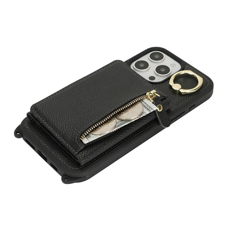 iPhone 16 Pro Hülle Kartenfach Ringhalter Litchi-Textur Leder + TPU Handyhülle mit langem Trageriemen - Schwarz