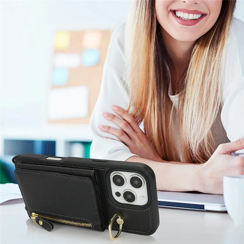 iPhone 16 Pro Hülle Kartenfach Ringhalter Litchi-Textur Leder + TPU Handyhülle mit langem Trageriemen - Schwarz