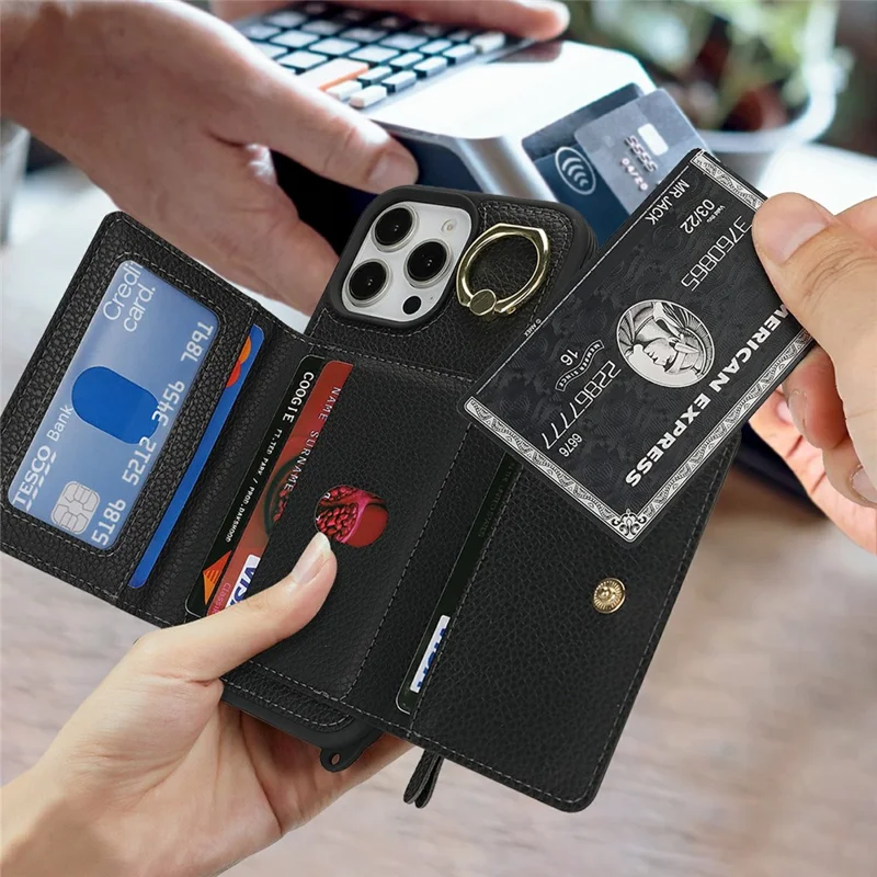 iPhone 16 Pro Hülle Kartenfach Ringhalter Litchi-Textur Leder + TPU Handyhülle mit langem Trageriemen - Schwarz