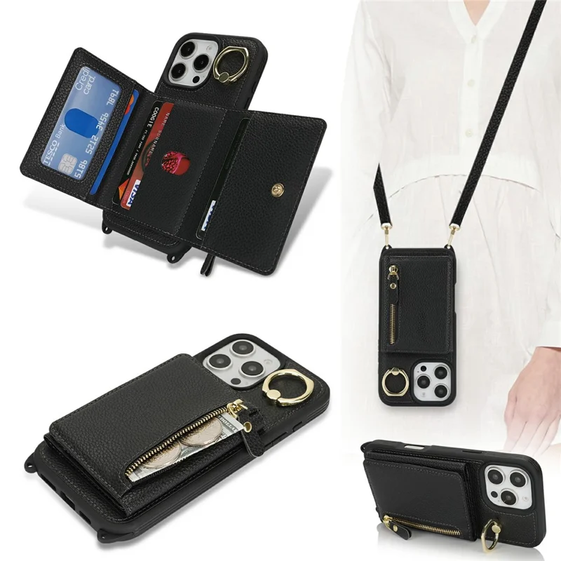 iPhone 16 Pro Hülle Kartenfach Ringhalter Litchi-Textur Leder + TPU Handyhülle mit langem Trageriemen - Schwarz