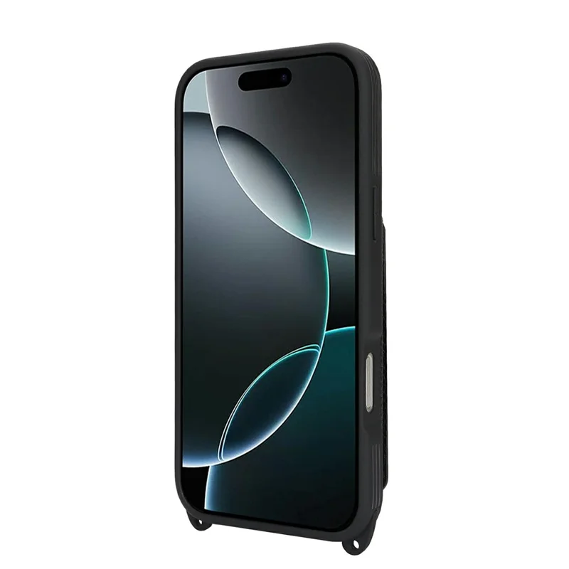 iPhone 16 Pro Hülle Kartenfach Ringhalter Litchi-Textur Leder + TPU Handyhülle mit langem Trageriemen - Schwarz