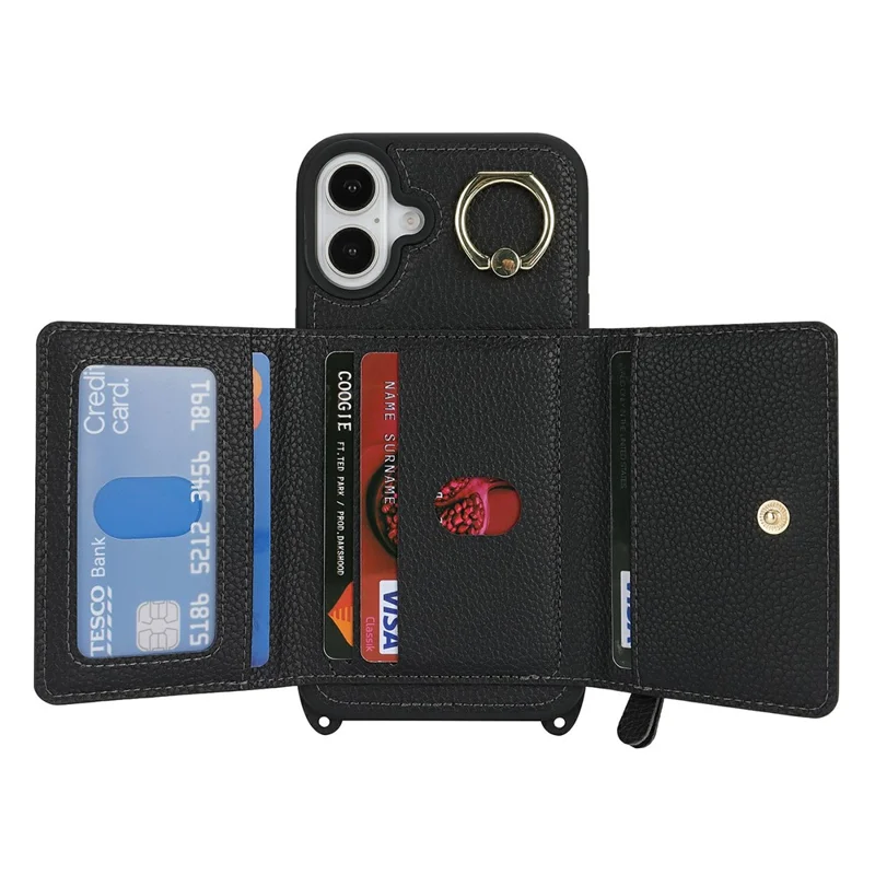 For iPhone 16 Case Card Bag Ring Holder Litchi Texture Leather + TPU Phone Cover with Long Strap - Black