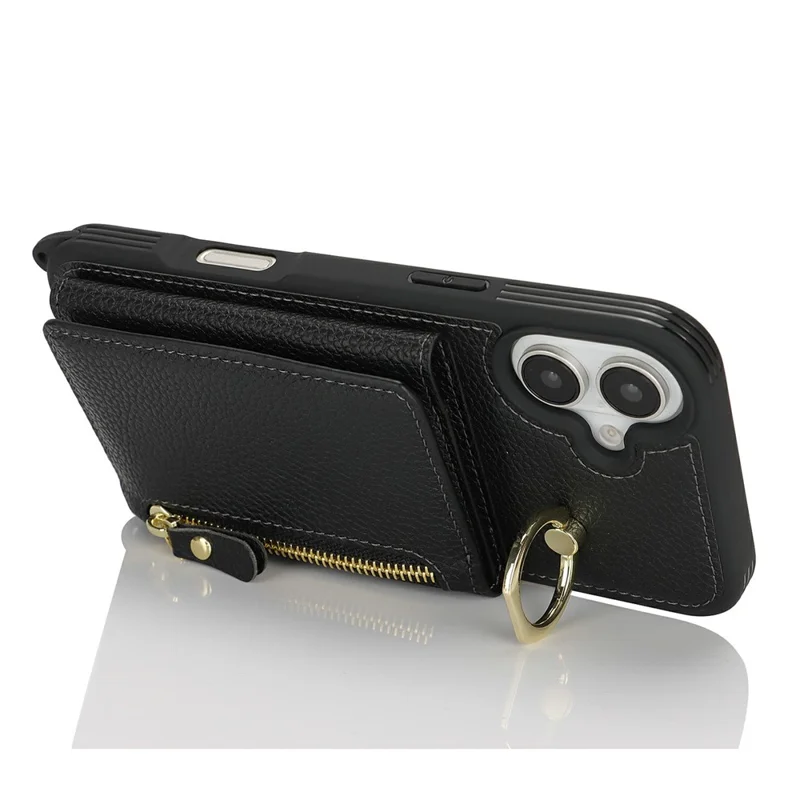 For iPhone 16 Case Card Bag Ring Holder Litchi Texture Leather + TPU Phone Cover with Long Strap - Black