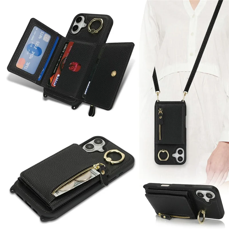 For iPhone 16 Case Card Bag Ring Holder Litchi Texture Leather + TPU Phone Cover with Long Strap - Black