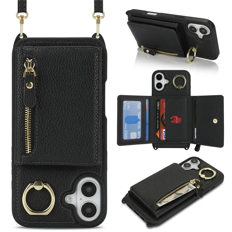 Til iPhone 16 Plus Case Korttaske Med Ringeholder Løvfrugtstruktur Læder+TPU Telefonbeskyttelse Med Lang Snor - Sort