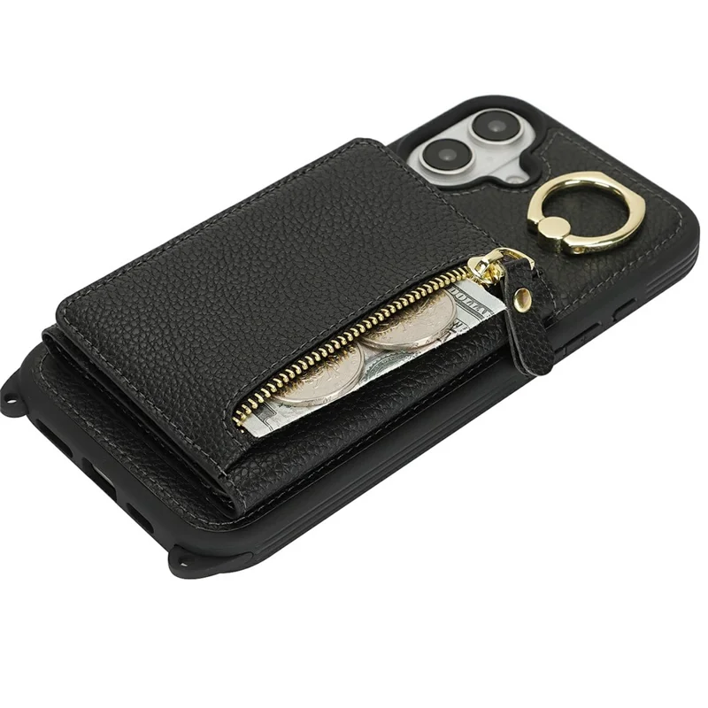 Til iPhone 16 Plus Case Korttaske Med Ringeholder Løvfrugtstruktur Læder+TPU Telefonbeskyttelse Med Lang Snor - Sort
