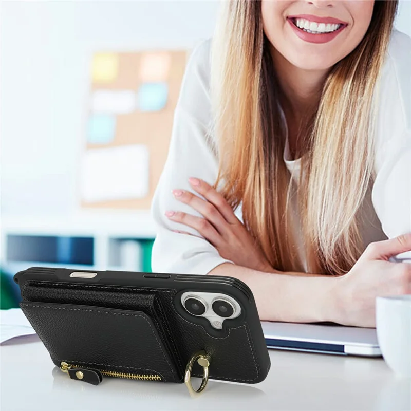 Til iPhone 16 Plus Case Korttaske Med Ringeholder Løvfrugtstruktur Læder+TPU Telefonbeskyttelse Med Lang Snor - Sort