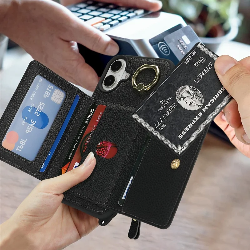 Til iPhone 16 Plus Case Korttaske Med Ringeholder Løvfrugtstruktur Læder+TPU Telefonbeskyttelse Med Lang Snor - Sort