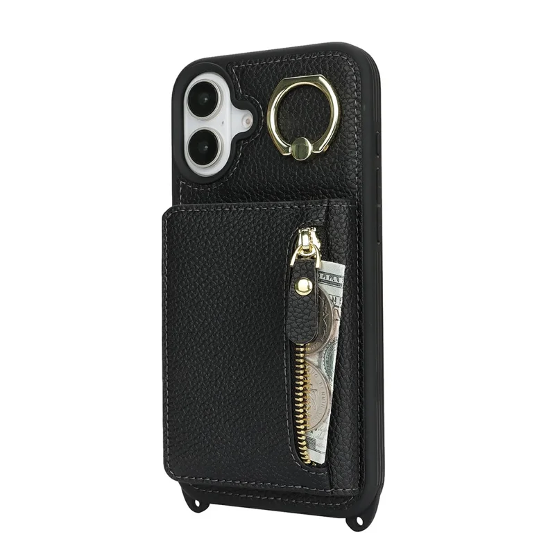 Til iPhone 16 Plus Case Korttaske Med Ringeholder Løvfrugtstruktur Læder+TPU Telefonbeskyttelse Med Lang Snor - Sort