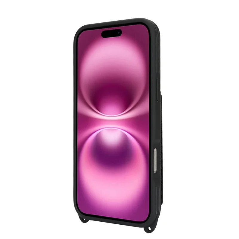 Til iPhone 16 Plus Case Korttaske Med Ringeholder Løvfrugtstruktur Læder+TPU Telefonbeskyttelse Med Lang Snor - Sort