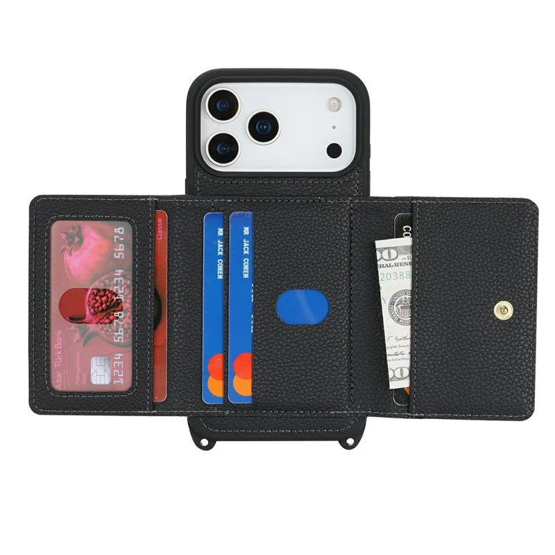 Capa para iPhone 17 Pro Max com Bolsa para Cartão, Anel de Suporte, Textura de Litchi, Couro+TPU e Alça Longa - Preto