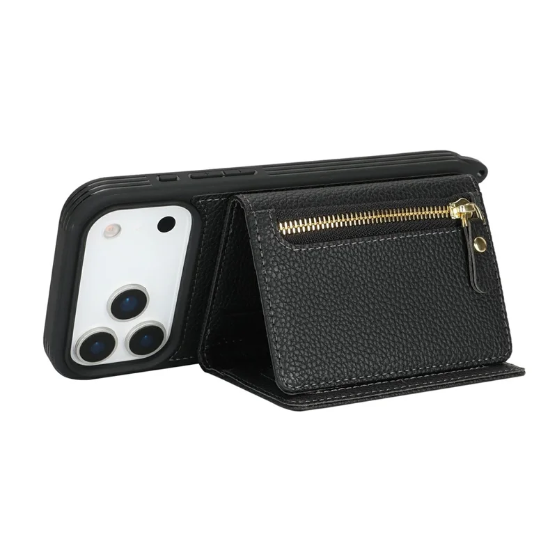 Capa para iPhone 17 Pro Max com Bolsa para Cartão, Anel de Suporte, Textura de Litchi, Couro+TPU e Alça Longa - Preto
