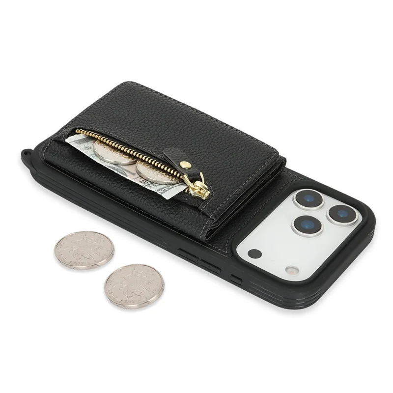 Capa para iPhone 17 Pro Max com Bolsa para Cartão, Anel de Suporte, Textura de Litchi, Couro+TPU e Alça Longa - Preto