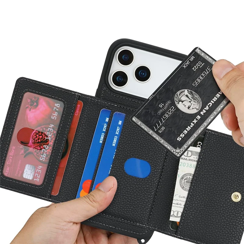 Capa para iPhone 17 Pro Max com Bolsa para Cartão, Anel de Suporte, Textura de Litchi, Couro+TPU e Alça Longa - Preto