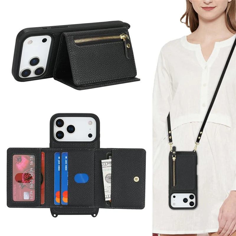 Capa para iPhone 17 Pro Max com Bolsa para Cartão, Anel de Suporte, Textura de Litchi, Couro+TPU e Alça Longa - Preto