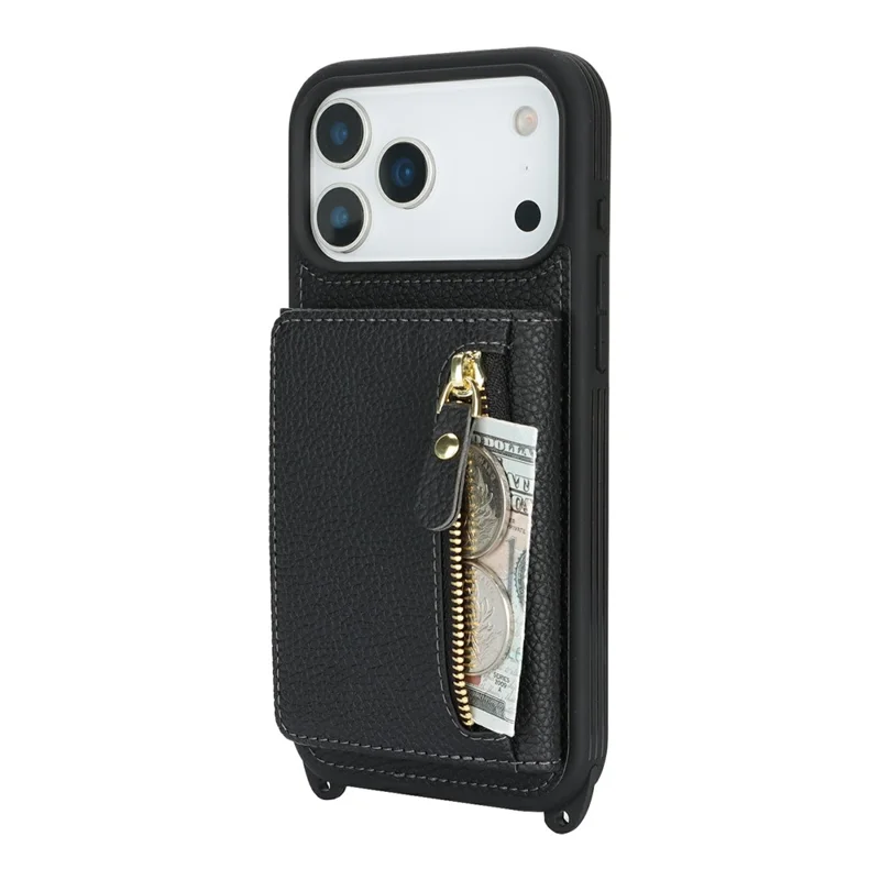 Capa para iPhone 17 Pro Max com Bolsa para Cartão, Anel de Suporte, Textura de Litchi, Couro+TPU e Alça Longa - Preto