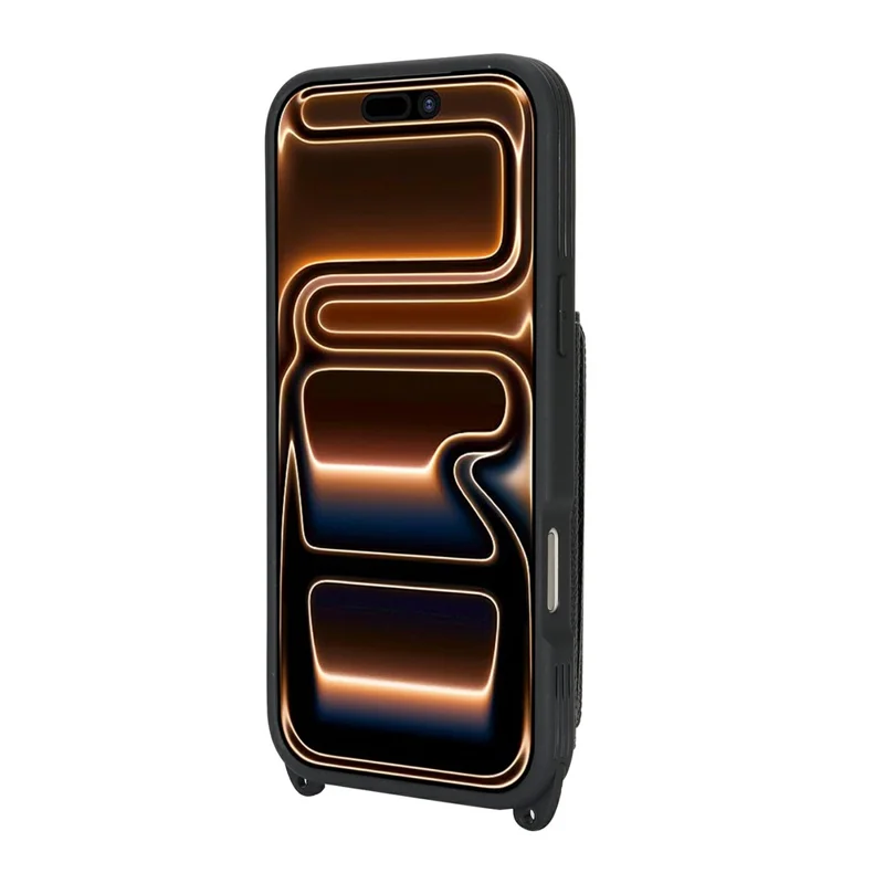 Capa para iPhone 17 Pro Max com Bolsa para Cartão, Anel de Suporte, Textura de Litchi, Couro+TPU e Alça Longa - Preto