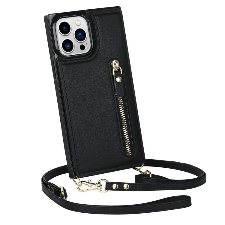 Wallet Phone Case for iPhone 14 Pro Max Anti-Fall Shockproof Case TPU PU Leather Protective Cover with Zippered Pouch / Shoulder Strap - Black