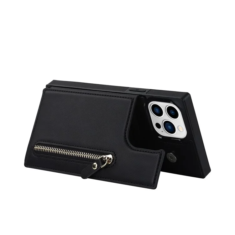 Wallet Phone Case for iPhone 14 Pro Max Anti-Fall Shockproof Case TPU PU Leather Protective Cover with Zippered Pouch / Shoulder Strap - Black