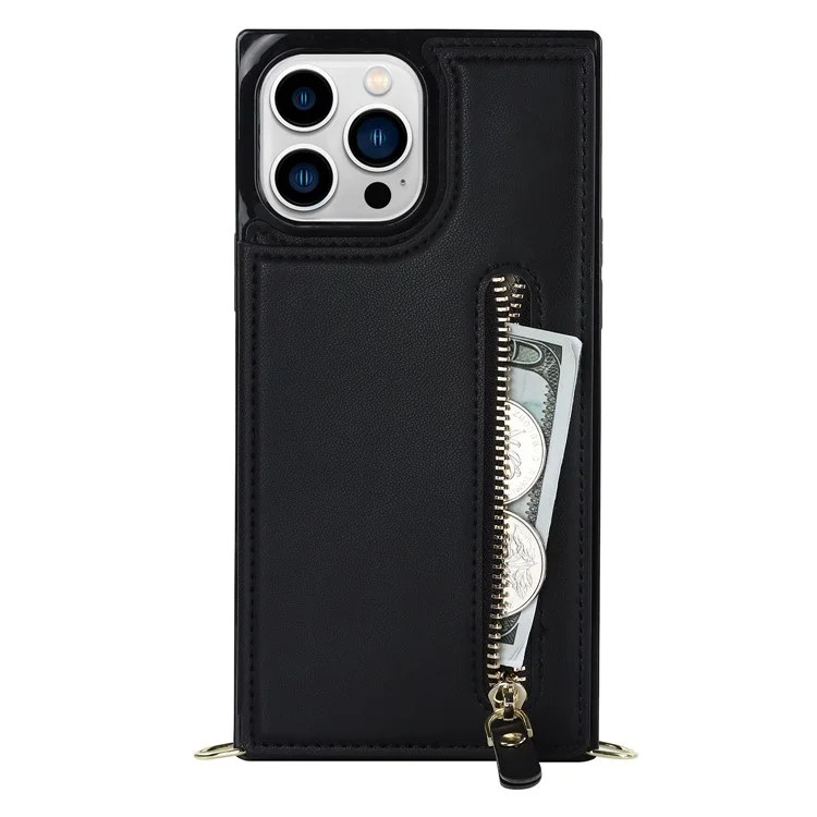 Wallet Phone Case for iPhone 14 Pro Max Anti-Fall Shockproof Case TPU PU Leather Protective Cover with Zippered Pouch / Shoulder Strap - Black