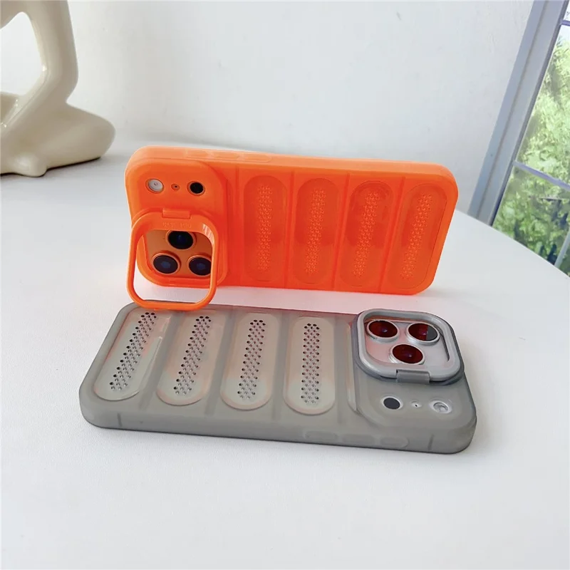 For iPhone 17 Pro Max Case Heat Dissipation Kickstand Airbags Anti-Drop TPU + PC Phone Cover - Transparent Orange