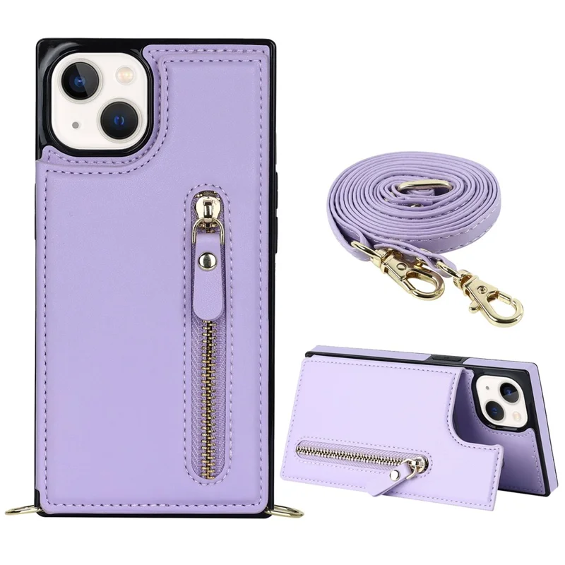 Shockproof Case for iPhone 13 6.1 inch Anti-Drop Wallet Phone Case TPU PU Leather Protective Cover with Zippered Pouch / Shoulder Strap - Purple