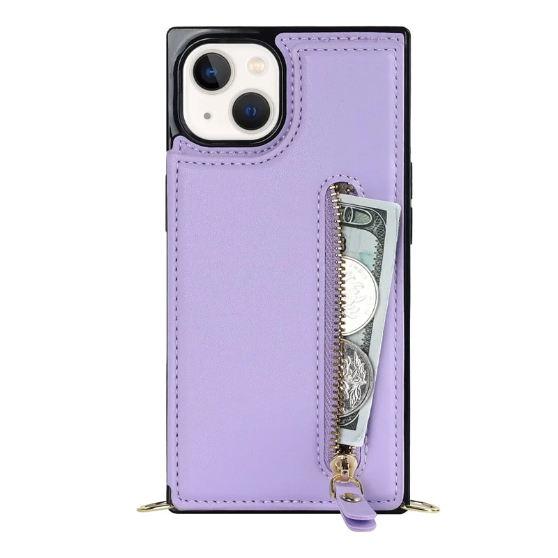 Shockproof Case for iPhone 13 6.1 inch Anti-Drop Wallet Phone Case TPU PU Leather Protective Cover with Zippered Pouch / Shoulder Strap - Purple