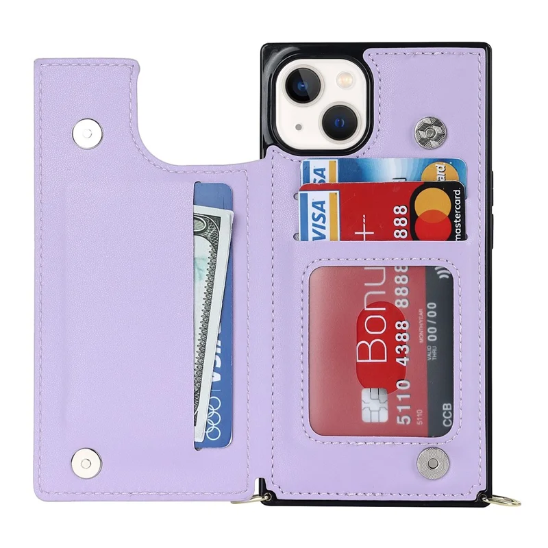 Shockproof Case for iPhone 13 6.1 inch Anti-Drop Wallet Phone Case TPU PU Leather Protective Cover with Zippered Pouch / Shoulder Strap - Purple