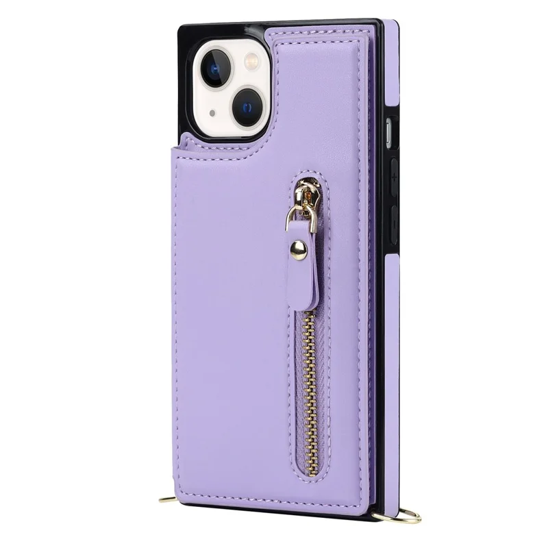 Shockproof Case for iPhone 13 6.1 inch Anti-Drop Wallet Phone Case TPU PU Leather Protective Cover with Zippered Pouch / Shoulder Strap - Purple