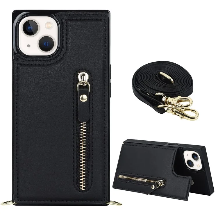 Protective Case for iPhone 14 Anti-Fall Phone Case TPU PU Leather Wallet Phone Cover with Zippered Pouch / Shoulder Strap - Black