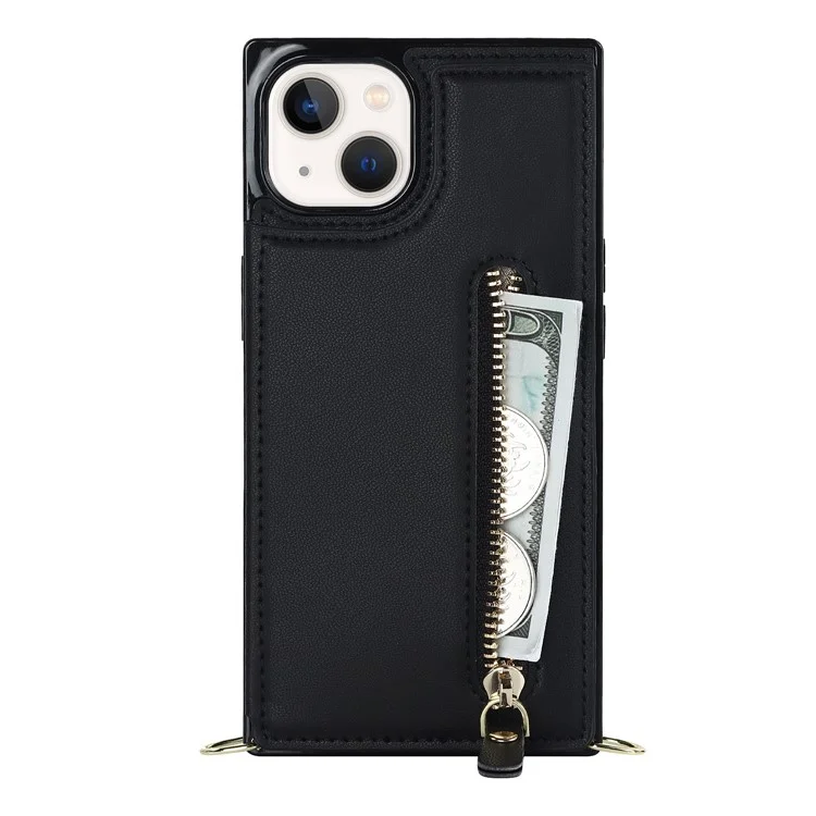 Protective Case for iPhone 14 Anti-Fall Phone Case TPU PU Leather Wallet Phone Cover with Zippered Pouch / Shoulder Strap - Black