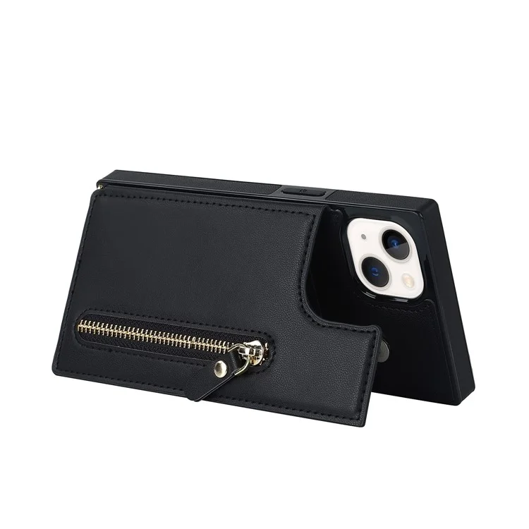 Protective Case for iPhone 14 Anti-Fall Phone Case TPU PU Leather Wallet Phone Cover with Zippered Pouch / Shoulder Strap - Black