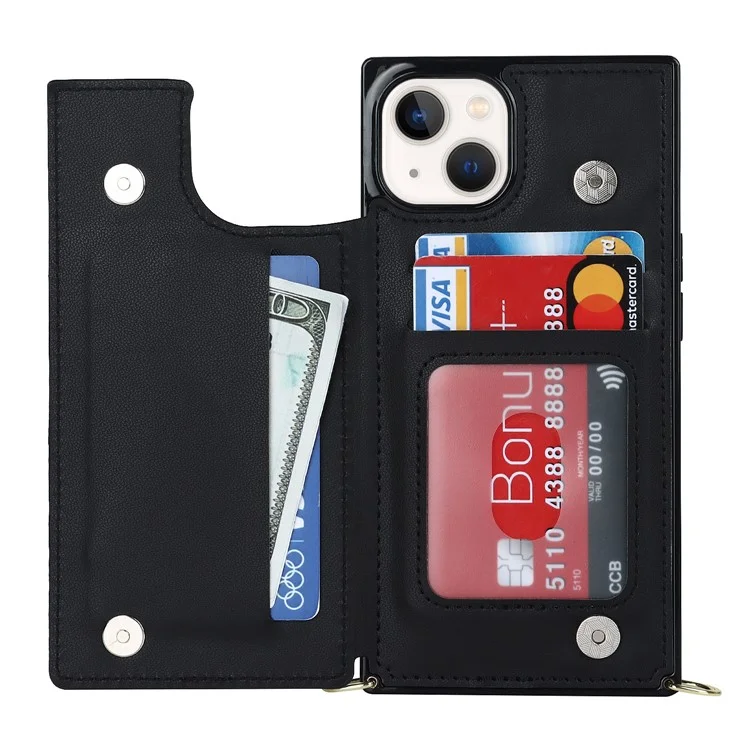 Protective Case for iPhone 14 Anti-Fall Phone Case TPU PU Leather Wallet Phone Cover with Zippered Pouch / Shoulder Strap - Black