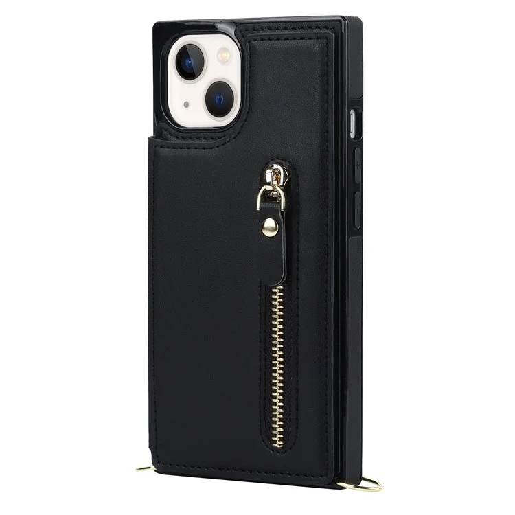 Protective Case for iPhone 14 Anti-Fall Phone Case TPU PU Leather Wallet Phone Cover with Zippered Pouch / Shoulder Strap - Black