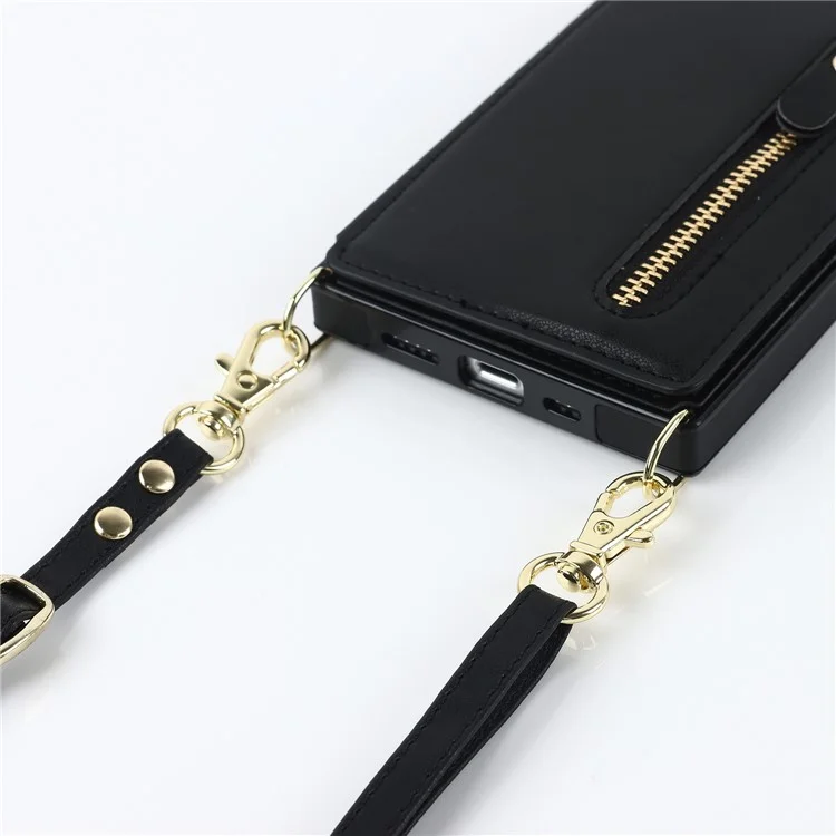 Protective Case for iPhone 14 Anti-Fall Phone Case TPU PU Leather Wallet Phone Cover with Zippered Pouch / Shoulder Strap - Black