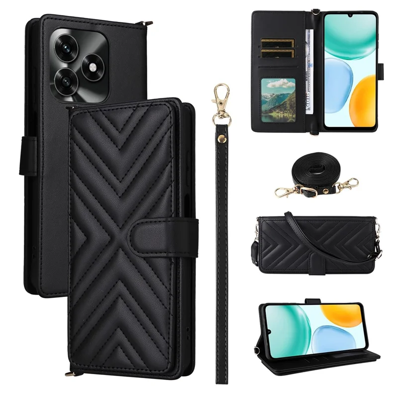 Leather Case for Honor X5c 4G / X5c Plus 4G / Play10A 4G Stand Wallet Phone Cover with Shoulder / Wrist Strap - Black