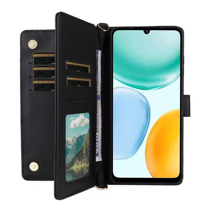 Leather Case for Honor X5c 4G / X5c Plus 4G / Play10A 4G Stand Wallet Phone Cover with Shoulder / Wrist Strap - Black