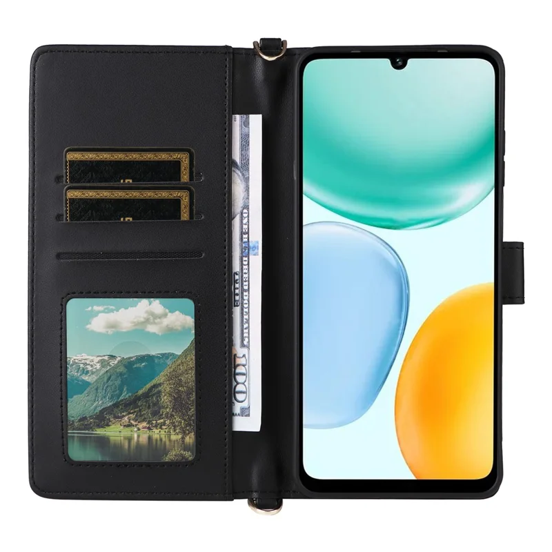 Leather Case for Honor X5c 4G / X5c Plus 4G / Play10A 4G Stand Wallet Phone Cover with Shoulder / Wrist Strap - Black