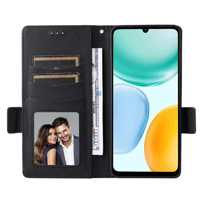 Leather Case for Honor X5c 4G / X5c Plus 4G / Play10A 4G Litchi Texture Wallet Phone Cover with Wrist Strap - Black