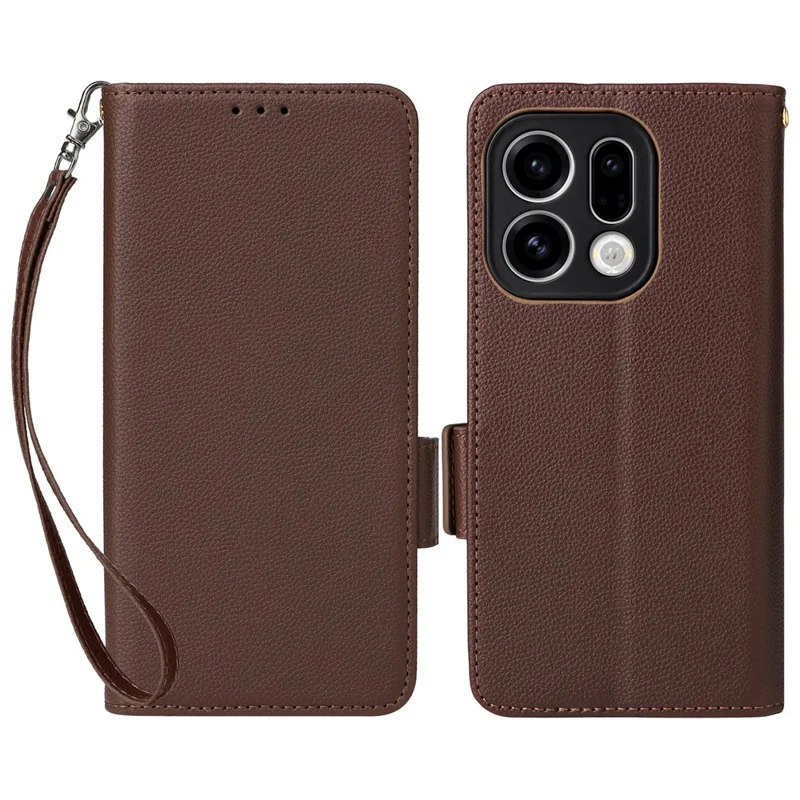 For Oppo Find X9 5G Case Litchi Texture Wallet Leather Phone Cover with Wrist Strap - Brown