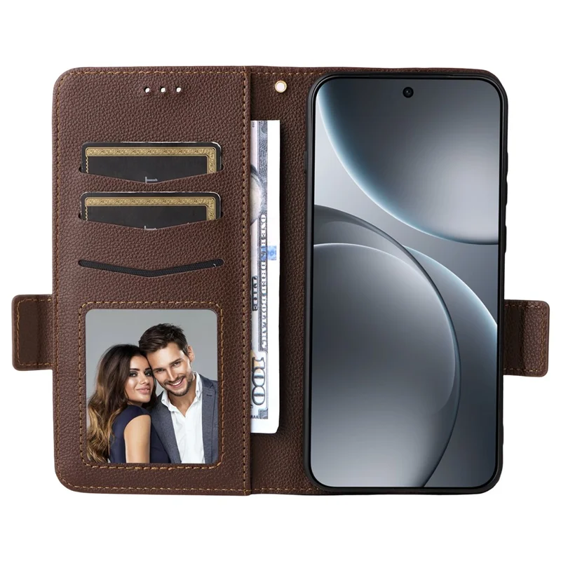 For Oppo Find X9 5G Case Litchi Texture Wallet Leather Phone Cover with Wrist Strap - Brown