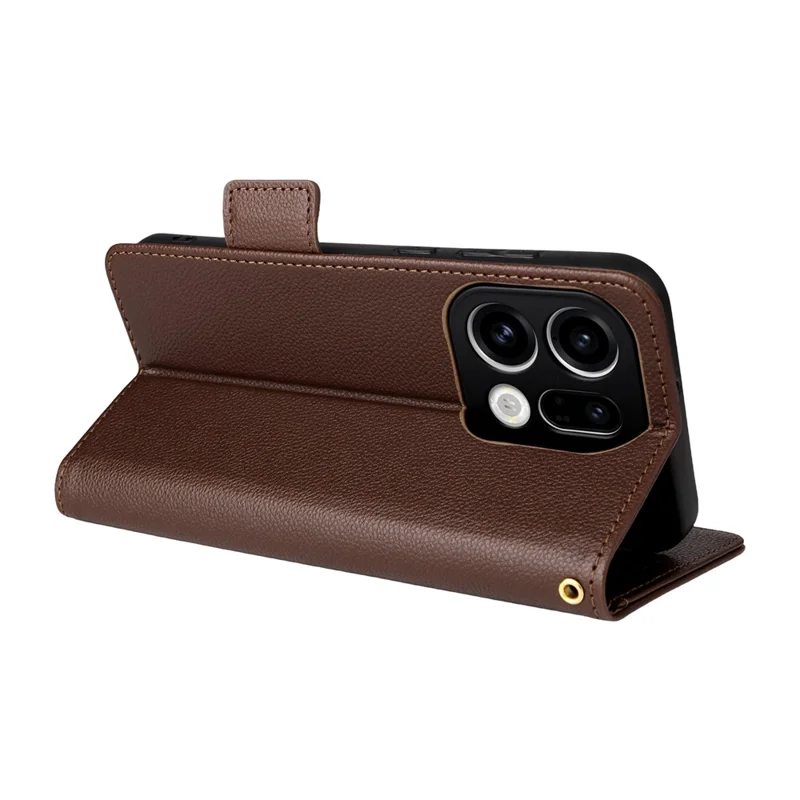 For Oppo Find X9 5G Case Litchi Texture Wallet Leather Phone Cover with Wrist Strap - Brown